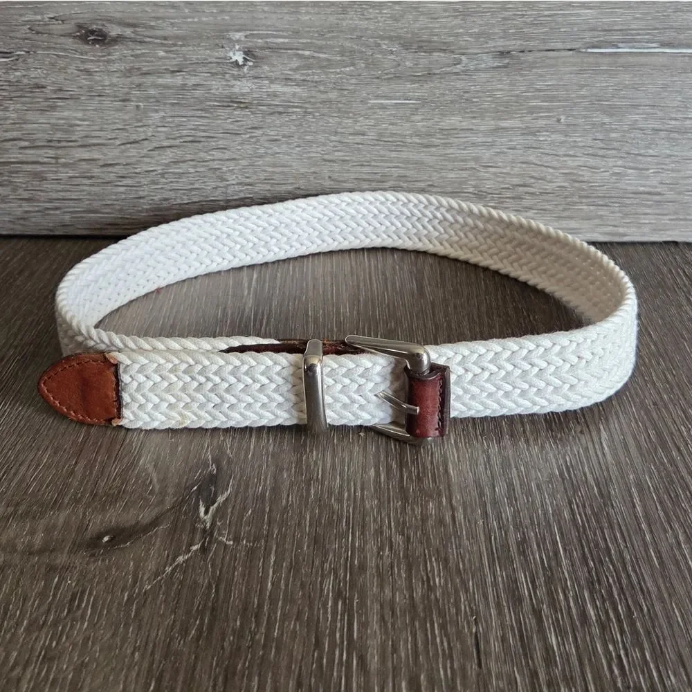 Limited Woven White Belt with Brown Leather Accents Small/Medium
